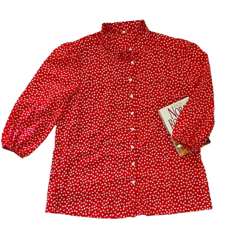 Red Floral Button-Up Vintage Inspired Blouse Size XXL